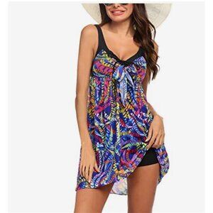 NEW Bright Multicolor Swimdress with Built In Boyshorts One Piece Women's XXL